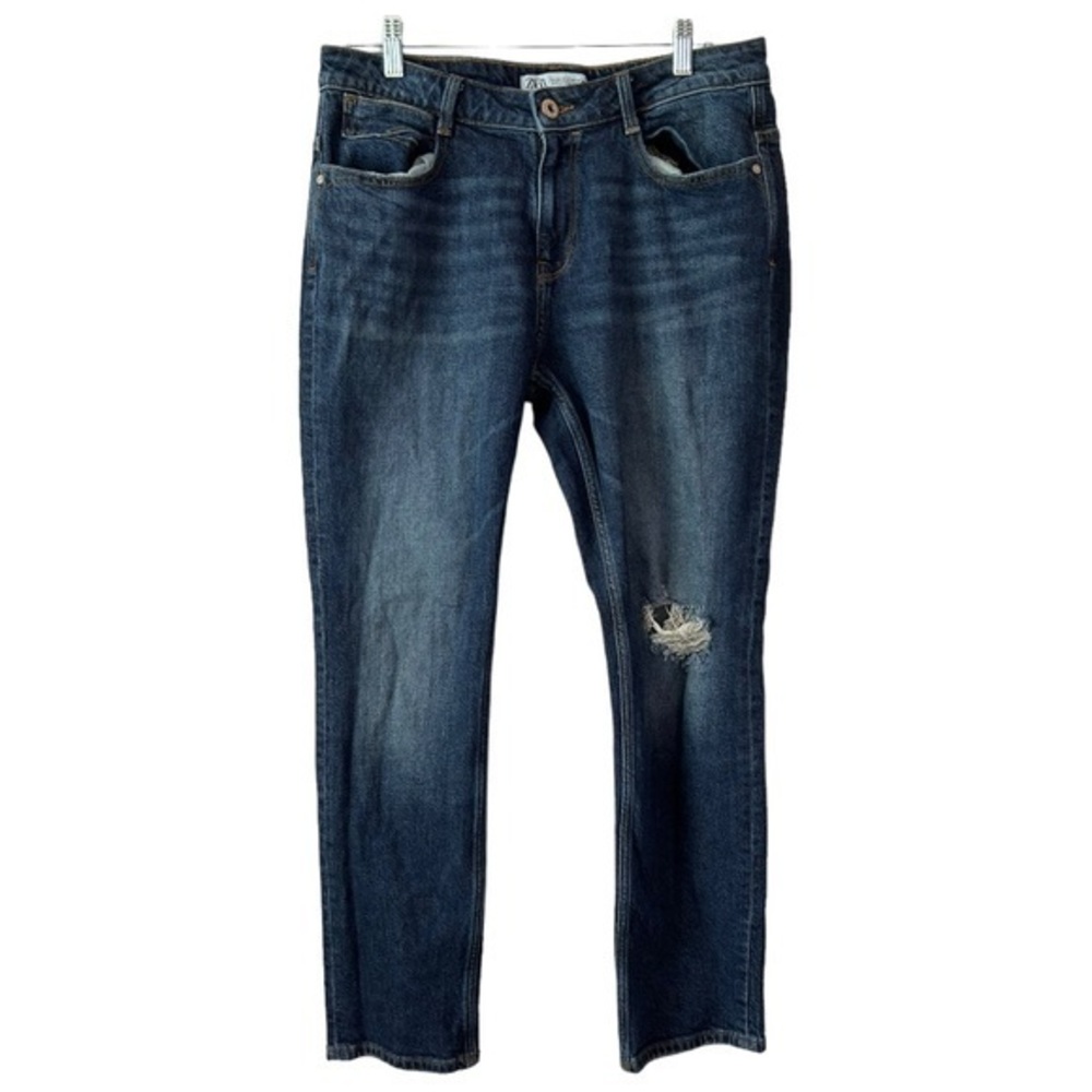 Zara Denim Women’s Medium Wash Mid Rise Cropped Distressed Jeans Sz 8